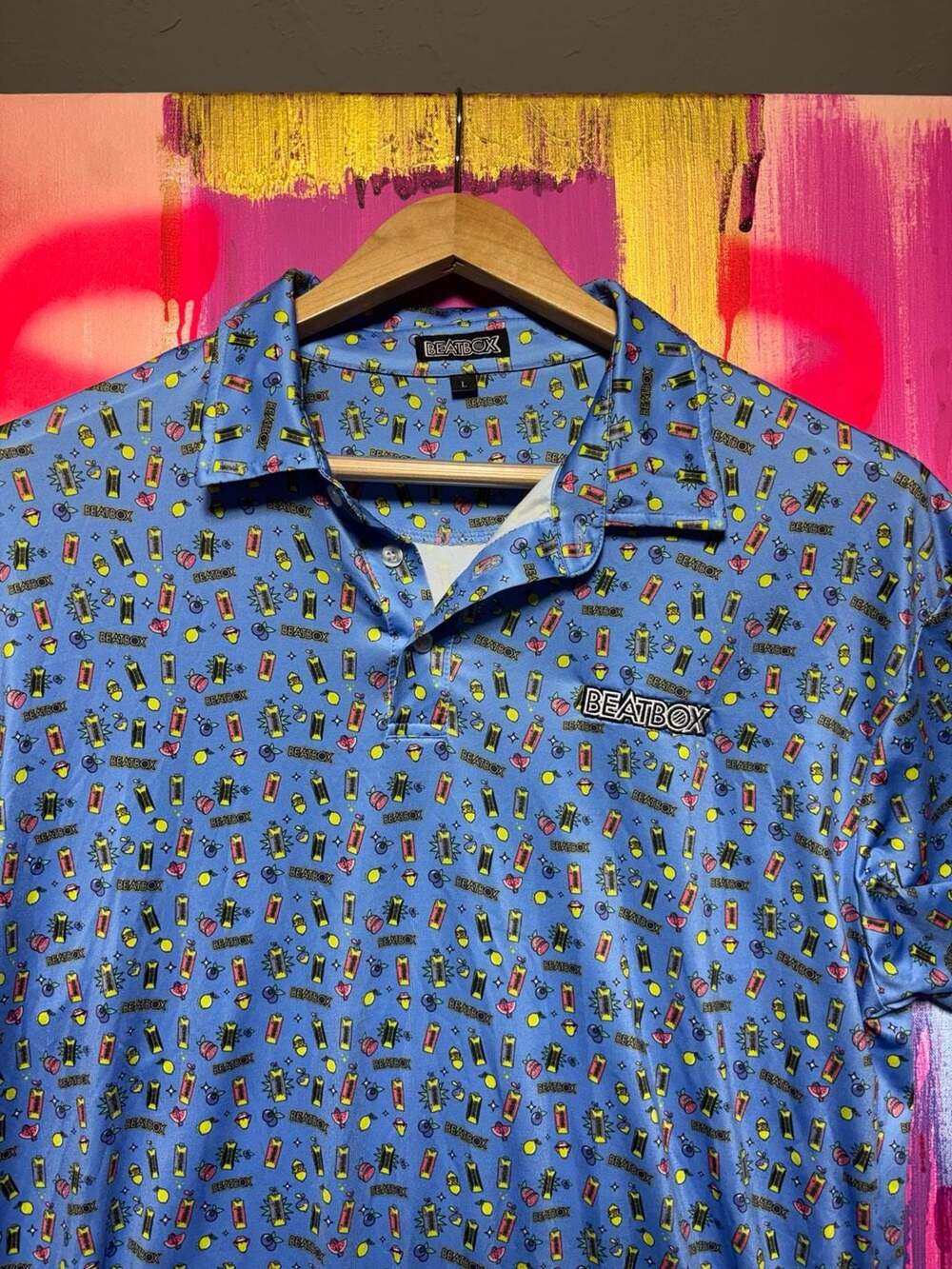 BeatBox Beverages Party Polo Short Sleeve Graphic Print Golf Shirt Blue Large